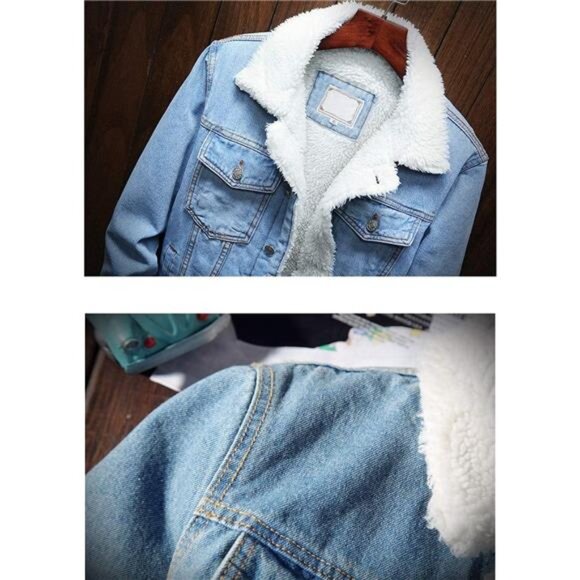 Mens Denim Jacket Sherpa Lined Jean Trucker Jacket Winter Coat Thick Warm - Picture 6 of 7